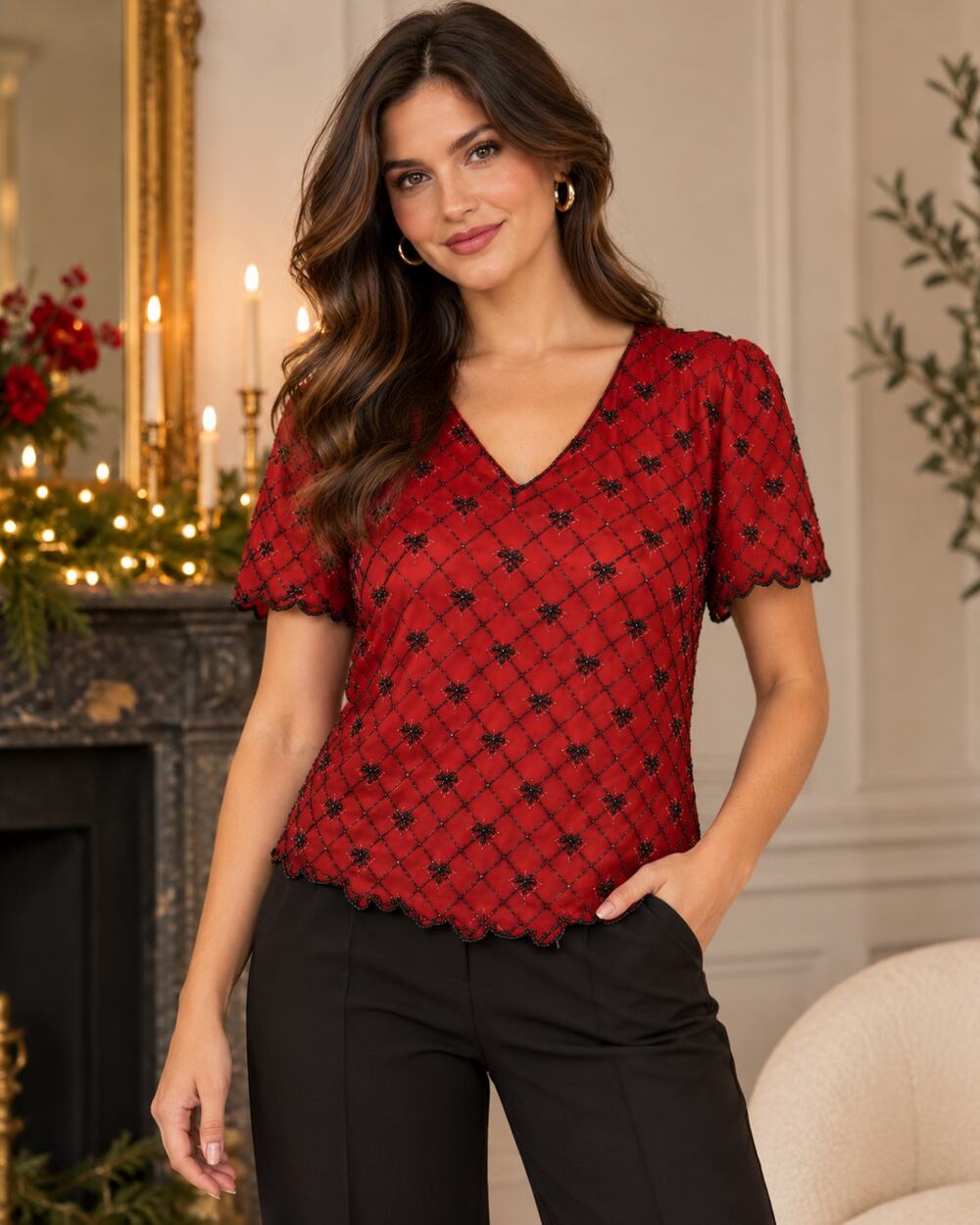 Vintage Stenay Red Silk Black Beaded Short Sleeve Blouse Womens XL Christmas Bow